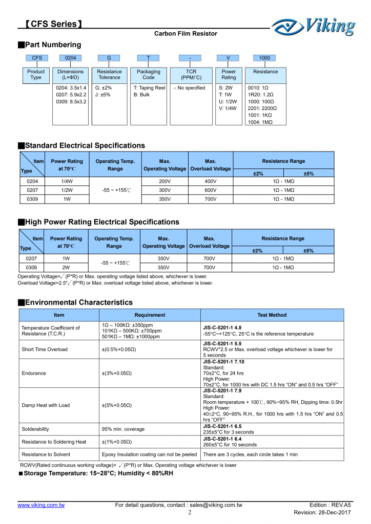 碳膜无脚晶圆电阻（CFS系列）                                                                                         Carbon Film Resistor CFS Series