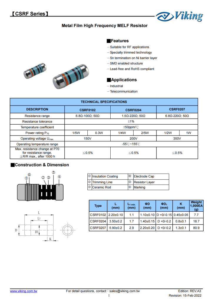 金属膜高频MELF电阻器（CSRF系列）  Metal Film High Frequency MELF Resistor-CSRF Series