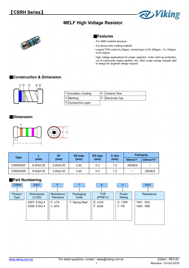 高压电阻器（CSRH系列）   MELF High Voltage Resistor
