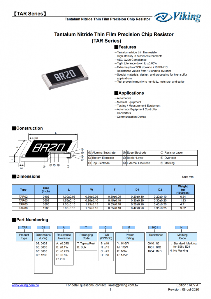 氮化钽薄膜精密贴片电阻器（TAR系列）                                              Tantalum Nitride Thin Film Precision Chip Resistor (TAR Series)