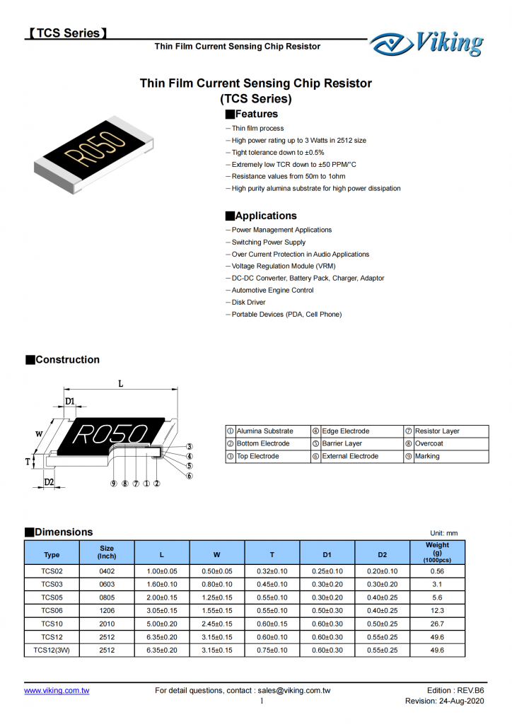 薄膜电流传感芯片电阻器（TCS系列）  Thin Film Current Sensing Chip Resistor –TCS Series