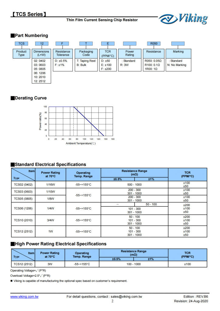 薄膜电流传感芯片电阻器（TCS系列）  Thin Film Current Sensing Chip Resistor –TCS Series