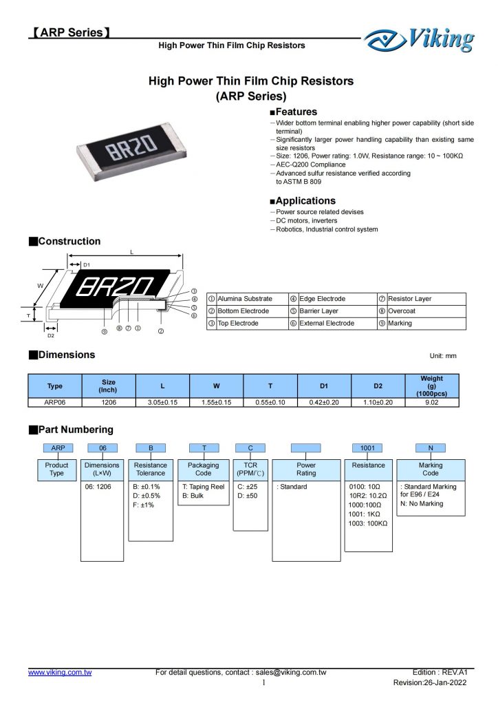 大功率薄膜片式电阻器-ARP系列      High Power Thin Film Chip Resistors – ARP Series